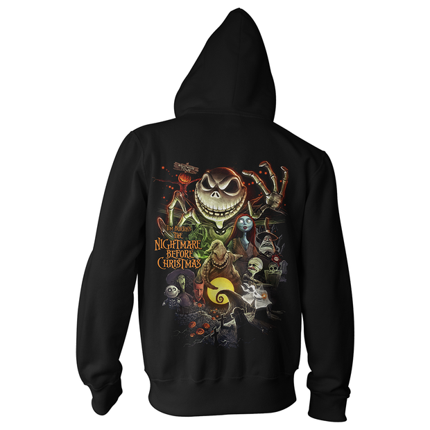Black hoodie with 'Nightmare Before Christmas' graphic on the back