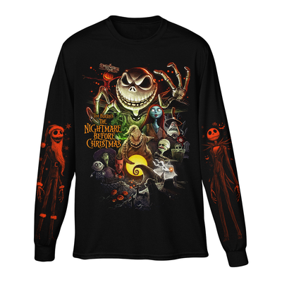 Black long-sleeve shirt with 'The Nightmare Before Christmas' graphic design on a white background
