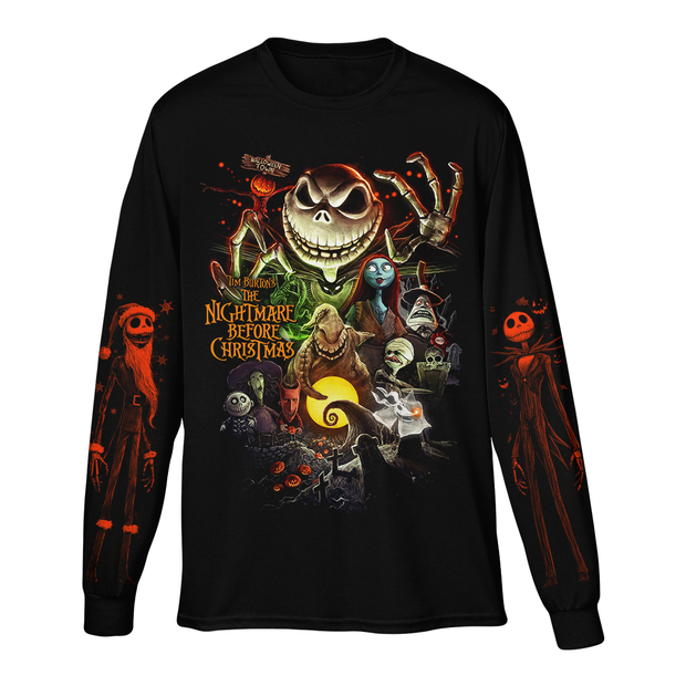 Black long-sleeve shirt with 'The Nightmare Before Christmas' graphic design on a white background