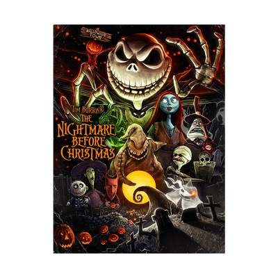 Poster of 'The Nightmare Before Christmas' with characters and pumpkin design.
