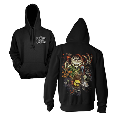 Black hoodie with 'The Nightmare Before Christmas' design on front and back