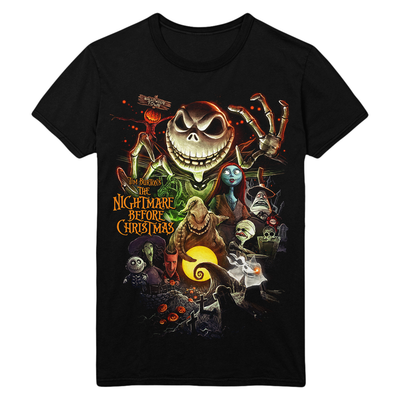 Black t-shirt with 'The Nightmare Before Christmas' graphic design featuring Jack Skellington and other characters.