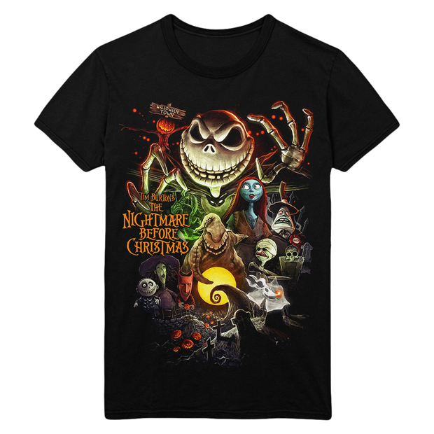 Black t-shirt with 'The Nightmare Before Christmas' graphic design featuring Jack Skellington and other characters.