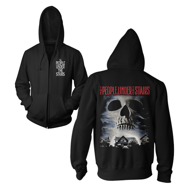 Black hoodie with 'People Under The Stairs' logo on front and skull design on back