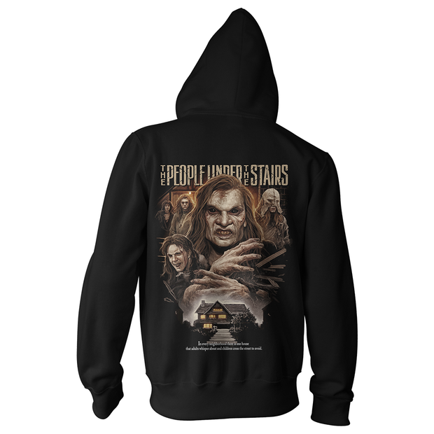 Black hoodie with 'The People Under The Stairs' graphic design
