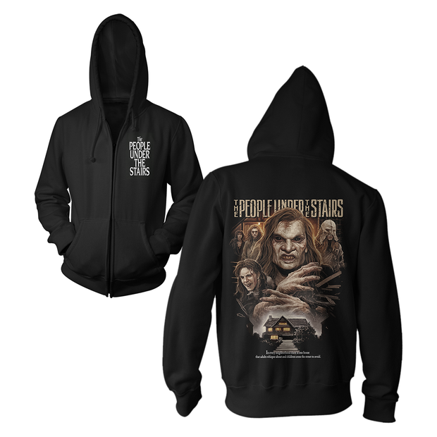Black hoodie with 'People Under the Stairs' graphic design 