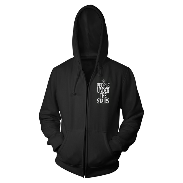 Black hoodie with 'The People Under The Stairs' text 