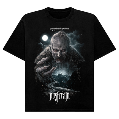 Black t-shirt with a graphic design of Nosferatu and moon on a white background