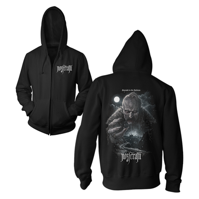 Black hoodie with graphic design on front and back, featuring Nosferatu.