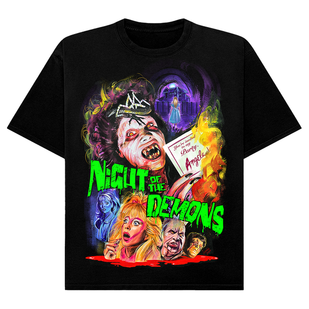 Black t-shirt with 'Night of the Demons' movie graphic design.