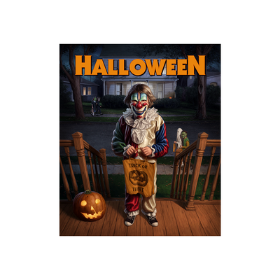 Young Michael Myers in clown costume with 'Halloween' text and pumpkin on a wooden porch.