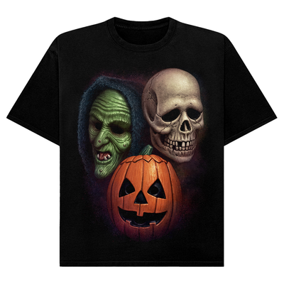 Black t-shirt with Halloween-themed design featuring Don Post Studios Halloween Trio Masks from Halloween III: Season of the Witch
