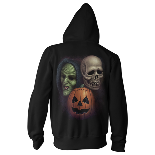 Black hoodie with Halloween-themed design featuring Don Post Studios Halloween Trio Masks from Halloween III: Season of the Witch
