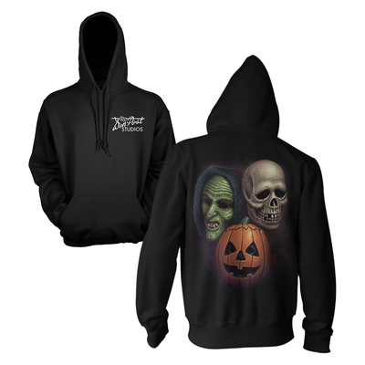 Black hoodie with Halloween-themed design featuring Don Post Studios Halloween Trio Masks from Halloween III: Season of the Witch
