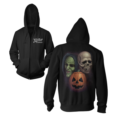 Black hoodie with Halloween-themed design featuring Don Post Studios Halloween Trio Masks from Halloween III: Season of the Witch