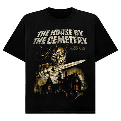 Black t-shirt with graphic design of a character holding a sword and text 'The House by the Cemetery' by Lucio Fulci.