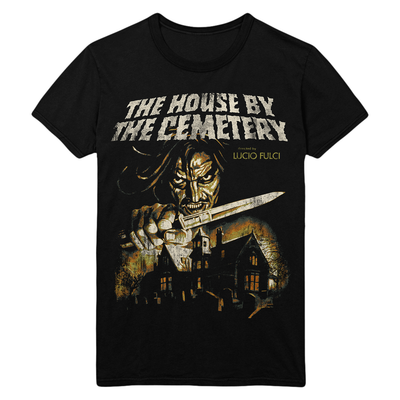 Black t-shirt with graphic design of a house and text 'The House by the Cemetery' by Lucio Fulci