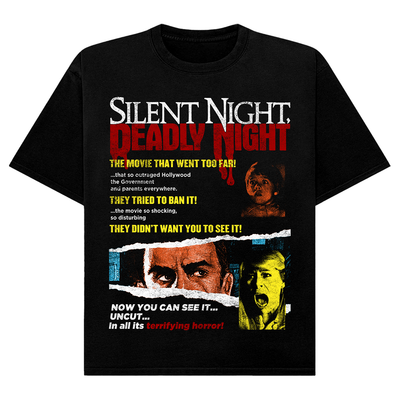 Black t-shirt with 'Silent Night, Deadly Night' movie poster design featuring text and images.