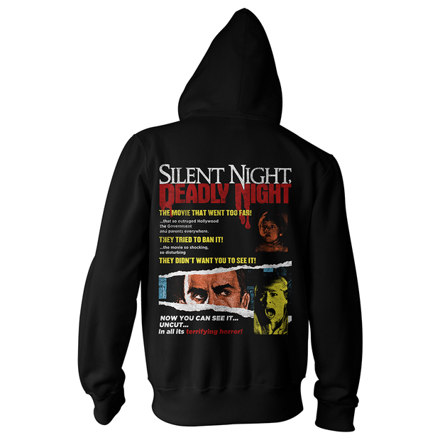 Black hoodie with 'Silent Night, Deadly Night' movie poster design on the back