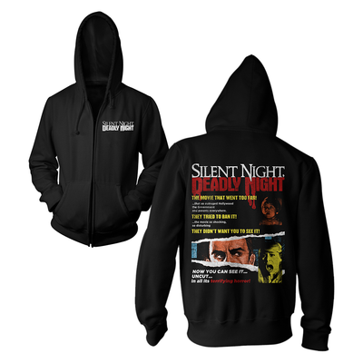 Black hoodie with 'Silent Night, Deadly Night' movie poster design on the back