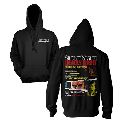 Black hoodie with 'Silent Night, Deadly Night' movie poster design on the back