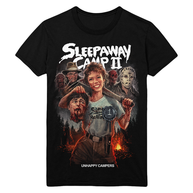 Black t-shirt with 'Sleepaway Camp II' graphic design featuring Angela Baker holding a machete with other characters.