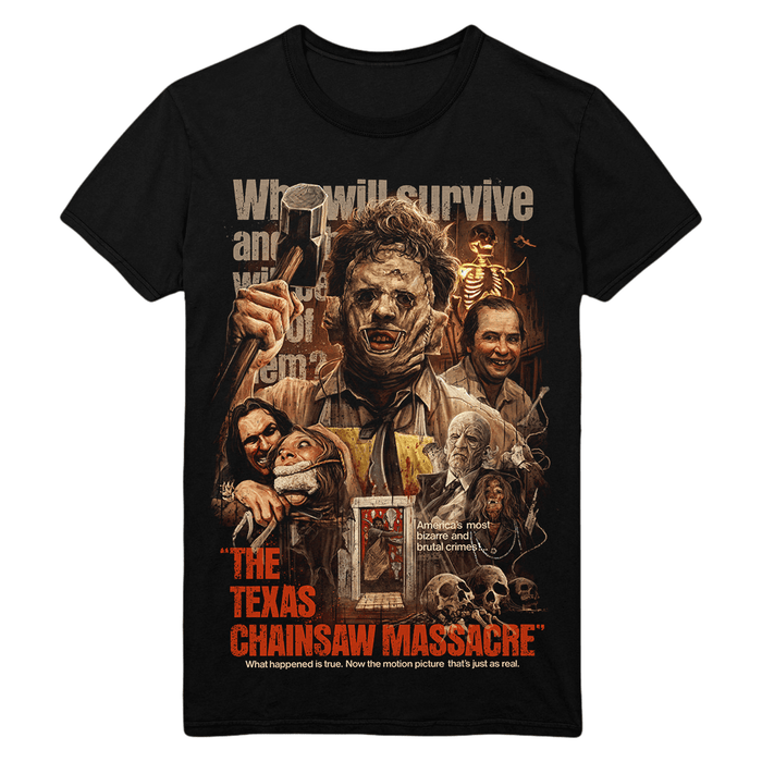 Black t-shirt with 'The Texas Chainsaw Massacre' movie poster design featuring characters and text.