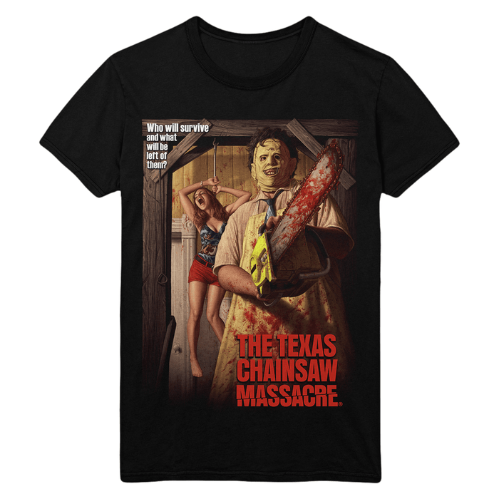 Black t-shirt with 'The Texas Chainsaw Massacre' graphic design featuring a Leatherface holding a chainsaw.