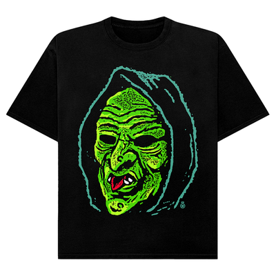 Black t-shirt with Halloween-themed design featuring Don Post Studios Halloween Trio Masks from Halloween III: Season of the Witch