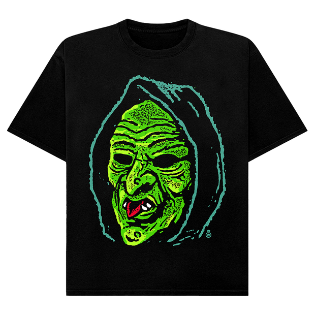 Black t-shirt with Halloween-themed design featuring Don Post Studios Halloween Trio Masks from Halloween III: Season of the Witch