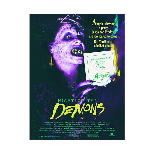 Movie poster for 'Night of the Demons' with a Angela holding an invitation.