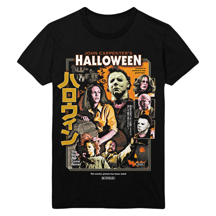 A black short-sleeve graphic t-shirt featuring John Carpenter's Halloween. The front of the shirt displays a large, detailed vintage-style movie poster print with characters Michael Myers, Laurie Strode, and Jason Voorhees, alongside Japanese katakana text for 'Halloween'.
